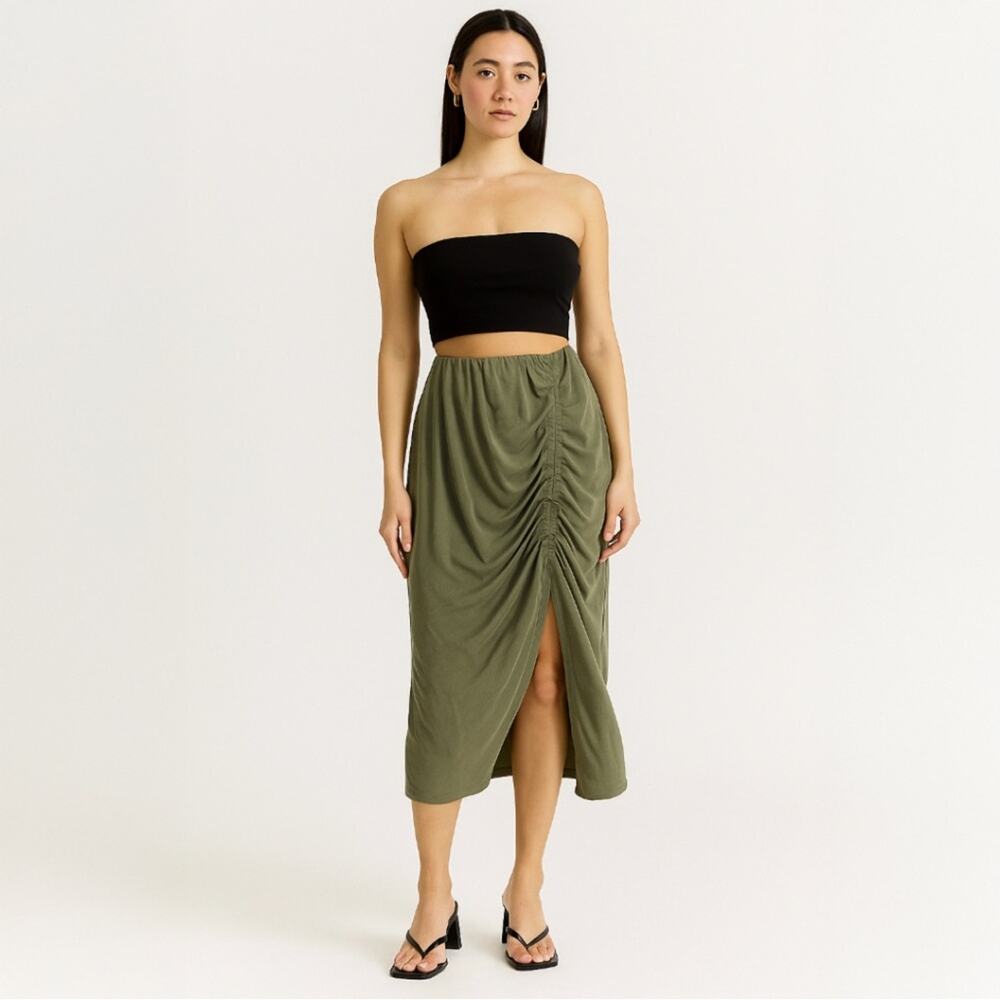 A338 • Olive Ruched Midi Skirt